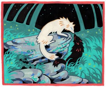 animal animal_focus black_fur border commentary english_commentary grass highres kitty_(fernwhisker) no_humans noses_touching original red_border rock sky star_(sky) starry_sky traditional_media tree white_border white_fur wolf