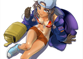 1girl backwards_hat bag bikini bikini_tan bikini_top_only blue_hat blue_jacket blue_shoes blush braid brown_gloves brown_hair closed_mouth commentary_request dark-skinned_female dark_skin eyelashes front-tie_bikini_top front-tie_top gloves gundam gundam:_hathaway's_flash hat jacket julia_suga lips long_hair long_sleeves open_clothes open_jacket orange_shorts shoelaces shoes shorts simple_background sitting smile solo swimsuit tan tanline twin_braids twintails white_background yellow_bag zouge