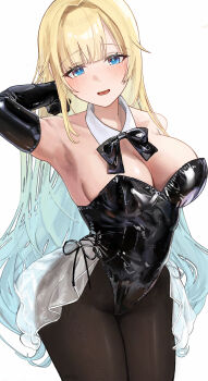 1girl absurdres aizawa_ema aqua_hair arm_behind_head armpits black_bow black_bowtie black_gloves black_leotard blonde_hair blue_eyes blunt_bangs blush bow bowtie breasts brown_pantyhose collar commentary_request covered_navel cowboy_shot detached_collar elbow_gloves gloves gradient_hair hair_flaps hair_intakes head_tilt highleg highleg_leotard highres large_breasts leotard long_hair looking_at_viewer multicolored_hair open_mouth pantyhose playboy_bunny see-through_clothes see-through_skirt shi24ni shiny_clothes showgirl_skirt skirt smile solo strapless strapless_leotard very_long_hair virtual_youtuber vspo! white_collar