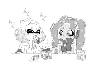 Rule 34 | 2girls, alcohol, beer, crown, dark-skinned female, dark skin, drinking, drunk, food theft, greyscale, headphones, juice, marina (off the hook outfit) (splatoon), marina (splatoon), mole, monochrome, multiple girls, namuro, nintendo, orange juice, pearl (off the hook outfit) (splatoon), pearl (splatoon), spill, splatoon (series), splatoon 2, tentacle hair, theft
