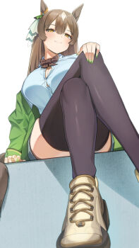 1girl alternate_costume amepa_(ame_pinecandy) animal_ears black_thighhighs blue_shirt blush bow breasts brown_hair button_gap cleavage closed_mouth commentary_request crossed_legs double-parted_bangs ear_ribbon from_below green_nails highres horse_ears horse_girl horse_tail large_breasts legs long_hair looking_at_viewer revision satono_diamond_(umamusume) shirt shoes simple_background smile solo tail thighhighs thighs umamusume white_background yellow_eyes