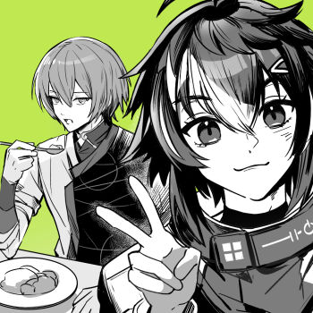 2boys :3 attsei commentary_request eating green_background greyscale_with_colored_background hair_between_eyes holding holding_spoon inami_rai inami_rai_(1st_costume) jumpsuit koyanagi_rou koyanagi_rou_(1st_costume) looking_at_viewer male_focus multiple_boys nijisanji open_mouth plate short_hair smile spoon table two-tone_shirt upper_body v virtual_youtuber