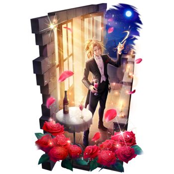 1boy alcohol artist_request balcony black_boots black_jacket black_pants black_suit blonde_hair boots bottle bow bowtie candlestand closed_mouth collared_shirt cup curtained_hair drinking_glass falling_petals flower formal_clothes full_body full_moon game_cg hand_up holding holding_cup jacket kitamura_motoyasu legendary_spear_(small_spear)_(tate_no_yuusha_no_nariagari) legendary_spear_(tate_no_yuusha_no_nariagari) long_sleeves male_focus medium_hair messy_hair moon night night_sky official_alternate_costume official_art one_eye_closed open_clothes open_jacket outdoors pants petals ponytail red_eyes red_flower red_rose red_wine rose shirt short_ponytail simple_background sky smile snapping_fingers solo sparkle star_(sky) starry_sky suit table tate_no_yuusha_no_nariagari tate_no_yuusha_no_nariagari_rerise transparent_background white_bow white_bowtie white_shirt wine wine_bottle wine_glass