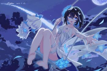 1girl artist_name bandaged_leg bandages bare_shoulders barefoot black_hair blue_eyes blue_hair breasts chinese_commentary commentary_request dated dress feet flora_(honkai_impact) flower flower_tattoo full_moon hair_flower hair_ornament highres looking_at_viewer meow_maolai moon multicolored_hair night on_swing open_mouth outdoors seele_vollerei seele_vollerei_(herrscher_of_rebirth) small_breasts smile soles swing tattoo toes two-tone_hair white_dress