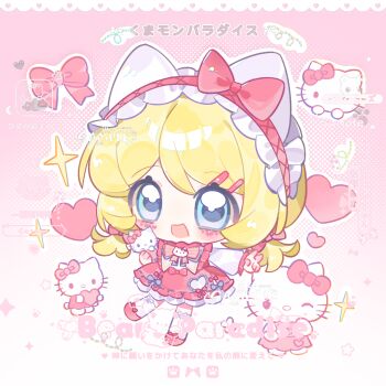 1girl :d blonde_hair blue_eyes bow bowtie chibi chibi_only dress frilled_dress frilled_hairband frills full_body hairband hello_kitty hello_kitty_(character) highres long_sleeves open_mouth original pink_background red_bow red_bowtie red_dress red_hairband red_shoes sanrio shoes short_hair smile solo standing standing_on_one_leg thighhighs v watermark white_thighhighs yikemaohetao
