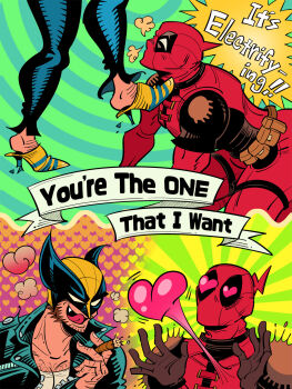 2boys all_fours bodysuit chest_hair cigar commentary_request cosplay deadpool deadpool_&amp;_wolverine deadpool_(series) english_text facial_hair gloves heart heart-shaped_pupils heart_out_of_chest high_heels highres holding holding_cigar jacket john_travolta leather leather_jacket leather_pants licking_lips looking_at_another lovestruck male_focus marvel marvel mask multiple_boys muscular muscular_male olivia_newton_john om85549 pants red_bodysuit red_mask sandy_olsson sandy_olsson_(cosplay) stepped_on superhero_costume symbol-shaped_pupils tongue tongue_out wolverine_(x-men) x-men yaoi