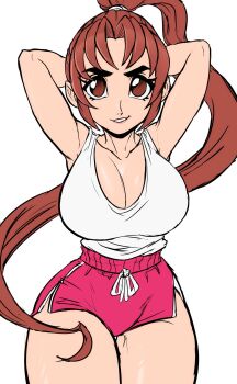 armpits arms_behind_head biting_own_lip breasts brown_eyes brown_hair buruma cleavage highres japanese_(nationality) large_breasts long_hair looking_at_viewer ninja official_alternate_costume ponytail shiranui_mai short_shorts shorts side_slit side_slit_shorts simple_background street_fighter tank_top teevo the_king_of_fighters