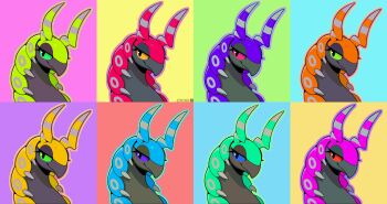 absurdres alternate_color alternate_shiny_pokemon artist_name blue_eyes chimi_artt colorful_background gen_5_pokemon green_eyes highres looking_at_viewer nintendo no_humans orange_eyes pink_eyes pokemon pokemon_(creature) pop_art purple_eyes red_eyes scolipede