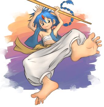 1boy aladdin_(magi) baggy_pants bandaged_chest barefoot blue_hair braid braided_ponytail child feet hair_ornament kombain long_hair magi_the_labyrinth_of_magic male_focus pants solo vest