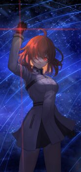 1girl ahoge black_gloves breasts brown_eyes brown_hair commentary_request cowboy_shot dress fate/grand_order fate_(series) fujimaru_ritsuka_(female) gloves glowing highres short_hair solo star_(sky) ushijiya white_dress