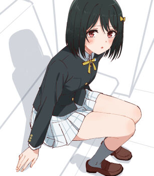 1girl :o black_hair black_jacket blush collared_shirt commentary_request grey_socks hair_ribbon jacket kneehighs loafers long_sleeves looking_at_viewer love_live! love_live!_nijigasaki_high_school_idol_club mifune_shioriko neck_ribbon nijigasaki_school_uniform plaid_clothes plaid_skirt pleated_skirt red_eyes ribbon school_uniform shirt shoes short_hair sitting skirt skt_(ryxxxxx) socks solo white_shirt white_skirt winter_uniform yellow_ribbon