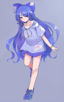 1girl blue_bow blue_eyes blue_hair blue_hoodie blue_shoes blue_skirt bow commentary_request full_body grey_background hair_bow hood hoodie knees light_blush long_hair miniskirt one-hour_drawing_challenge parted_lips rangycrow see-through_clothes see-through_skirt shoes sideways_glance skirt sneakers solo touhou very_long_hair yorigami_shion