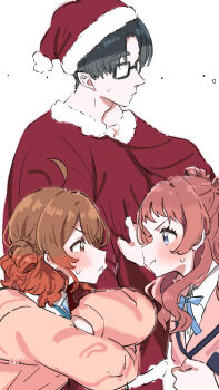 1boy 2girls :t ahoge arm_hug black_hair blush brown_cardigan brown_hair brown_jacket cardigan commentary_request confrontation fur-trimmed_headwear fur-trimmed_shirt fur_trim gakuen_idolmaster gradient_hair hanami_saki hanami_ume hat hatsuboshi_gakuen_school_uniform hetero highres idolmaster jacket kasasagi_(futagodori888) love_triangle multicolored_hair multiple_girls orange_hair producer_(idolmaster) red_hat red_shirt santa_costume santa_hat school_uniform shirt siblings sisters sweatdrop v-shaped_eyebrows