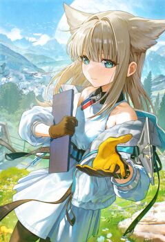 Rule 34 | 1girl, adversarial noise, animal ears, arknights, arknights: endfield, bare shoulders, bird ears, bird girl, black pantyhose, blue eyes, brown gloves, closed mouth, dress, extra ears, gloves, gy1966, hashtag-only commentary, highres, holding, jacket, long hair, long sleeves, looking at viewer, multicolored gloves, open clothes, open jacket, outdoors, pantyhose, perlica (arknights), sleeveless, smile, solo, two-sided gloves, two-tone gloves, white dress, white jacket, yellow gloves