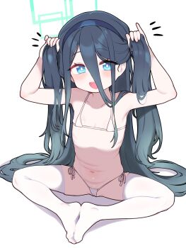 1girl absurdres aris_(blue_archive) bikini black_hair blue_archive blue_eyes blush collarbone commentary flat_chest green_halo hair_between_eyes halo highres holding holding_own_hair lk149 loli long_hair looking_at_viewer micro_bikini navel no_shoes notice_lines open_mouth rectangular_halo side-tie_bikini_bottom simple_background sitting solo spread_legs string_bikini swimsuit teeth thighhighs upper_teeth_only very_long_hair white_background white_bikini white_thighhighs