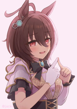 1girl absurdres agnes_tachyon_(umamusume) ahoge animal_ears asymmetrical_clothes asymmetrical_sleeves black_bow black_bowtie black_corset blush bow bowtie breasts brown_hair chemical_structure corset earrings hair_between_eyes highres horse_ears horse_girl index_fingers_together jack_(jacknoeaka) jewelry medium_breasts medium_hair official_alternate_costume open_mouth red_eyes shirt simple_background single_earring smile solo umamusume upper_body white_shirt