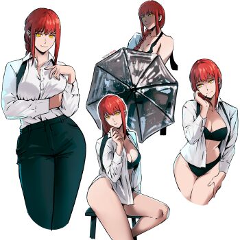 Rule 34 | 1girl, absurdres, black bra, black necktie, black panties, black pants, bra, braid, braided ponytail, breasts, chainsaw man, cleavage, closed mouth, collarbone, highres, holding, holding umbrella, large breasts, looking at viewer, makima (chainsaw man), miss faves, multiple views, necktie, panties, pants, parted lips, red hair, shirt, shirt tucked in, simple background, sitting, smile, umbrella, underwear, white background, white shirt, yellow eyes