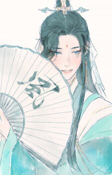1boy aqua_robe black_hair blue_eyes chinese_clothes chinese_text commentary earrings english_commentary eyeliner facial_mark folding_fan forehead_mark hair_ornament hand_fan hanfu highres holding holding_fan jewelry kkcoocool layered_clothes long_hair long_sleeves looking_down makeup male_focus paper_fan parted_lips red_eyeliner robe shi_qingxuan simple_background solo tassel tassel_earrings tianguan_cifu upper_body white_background wide_sleeves xiao_guan_(headdress)
