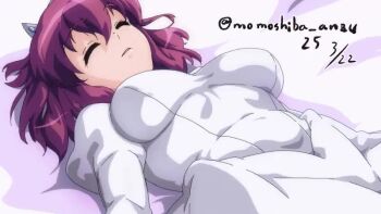 1girl 2025 animated artist_name breasts breathing closed_eyes dated dress henrietta_de_tristain juliet_sleeves large_breasts long_sleeves lying medium_hair nafta on_back parted_lips puffy_sleeves purple_hair sleeping solo tagme twitter_username video white_dress zero_no_tsukaima