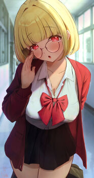 1girl :o absurdres artist_name bespectacled black_skirt blonde_hair blurry blurry_background blush bow bowtie breasts cardigan cleavage collarbone collared_shirt commentary_request cowboy_shot dated dress_shirt glasses hallway hand_to_own_mouth highres kogara_toto large_breasts looking_at_viewer medium_hair miniskirt naikon open_cardigan open_clothes pleated_skirt red-framed_eyewear red_bow red_bowtie red_cardigan red_eyes round_eyewear school_uniform shirt skirt solo virtual_youtuber vspo! white_shirt