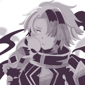 1boy bad_id bad_pixiv_id deus_prometheus_(grimms_notes) grimms_notes holding holding_mask male_focus mask monochrome odai_0715 short_hair solo