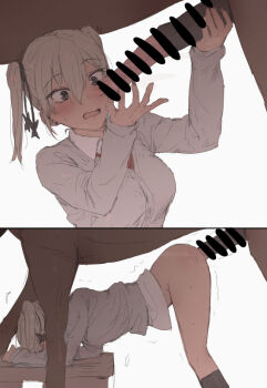 1girl animal_penis bar_censor bestiality black_eyes black_ribbon blouse blush breasts cardigan censored clothed_sex collared_shirt doggystyle grey_cardigan hair_between_eyes hair_ornament hair_ribbon horse horse_penis huge_penis kneehighs long_sleeves mdf_an medium_breasts open_mouth original penis penis_awe ribbon sex sex_from_behind shirt short_hair simple_background socks solo_focus sweat trembling twintails white_background white_hair white_shirt