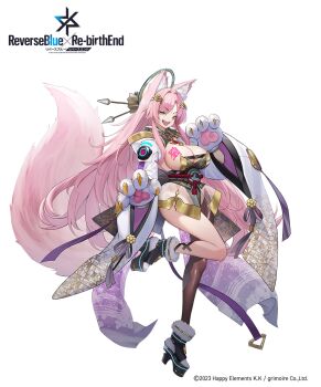 1girl animal_ears boots breasts cleavage fake_claws fox_ears fox_girl fox_tail high_heel_boots high_heels highres japanese_clothes kimono large_breasts logo long_hair long_sleeves open_mouth pink_hair reverseblue_x_re-birthend short_kimono simple_background smile tail teddypocky white_background wide_sleeves yellow_eyes