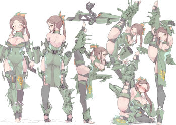 1girl arm_armor armpits arms_up ass back bare_shoulders black_thighhighs blush breasts brown_hair cleavage commentary_request covered_groin covered_navel dress glasses green_dress groin gundam hair_ornament highres large_breasts leg_up leggings leotard logo long_hair long_sidelocks mobile_suit_gundam multiple_views musai orange_eyes personification ponytail round_eyewear science_fiction shoulder_blades sidelocks simple_background split standing standing_front_split standing_on_one_leg standing_split stirrup_legwear sweat thighhighs toeless_legwear torn_clothes torn_leggings weapon white_background yazawa_owl yoga zeon
