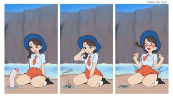 1girl bestiality black_footwear blue_headwear blush border braid brown_eyes brown_hair comic from_side grey_shirt hat heart heart-shaped_pupils implied_sex interspecies juliana_(pokemon) kneeling marmalade_mum necktie nintendo on_ground orange_necktie orange_shorts parted_lips pokemon pokemon_(creature) pokemon_sv pokephilia sexually_suggestive shirt shoes short_sleeves shorts signature sitting skirt smile socks surprised surprised_arms symbol-shaped_pupils thighs white_border white_socks wiglett