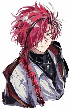 Rule 34 | 1boy, black coat, black hair, black shirt, braid, braided ponytail, closed mouth, coat, coat on shoulders, collared shirt, cosplay, cropped torso, fate/grand order, fate (series), hair over one eye, hair over shoulder, jewelry, long hair, looking at viewer, male focus, multicolored hair, necklace, one eye covered, red eyes, red hair, shiguang dailiren, shirt, simple background, single braid, smile, solo, streaked hair, takasugi shinsaku (fate), turtleneck, tyoookozuki, undershirt, upper body, white background, white shirt, xiao weiying, xiao weiying (cosplay)