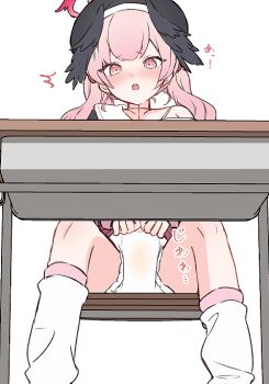 1girl :o black_hat black_wings blue_archive blush brcl7777 chair commentary_request desk diaper embarrassed feet_out_of_frame hat head_wings koharu_(blue_archive) loli long_hair looking_at_viewer loose_socks mini_wings nose_blush on_chair open_mouth pee_stain pink_eyes pink_hair raised_inner_eyebrows school_chair school_desk simple_background sitting socks solo sound_effects translation_request twintails white_background white_socks wings