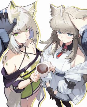Rule 34 | 2girls, absurdres, animal ear fluff, animal ears, arknights, arknights: endfield, black gloves, blue eyes, cat ears, cat girl, coat, commentary, cup, distr, dress, english commentary, from above, gloves, green dress, green eyes, green hair, grey coat, grey hair, head wings, headpat, highres, holding, holding cup, in-franchise crossover, jacket, kal'tsit (arknights), looking at viewer, looking up, material growth, mug, multiple girls, open clothes, open coat, open jacket, oripathy lesion (arknights), perlica (arknights), pov, simple background, sleeveless, sleeveless dress, steaming cup, white background, white dress, white jacket, wings