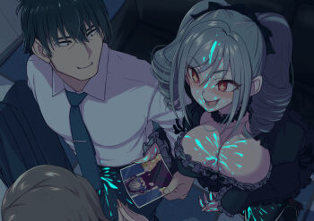 1boy 2girls belt black_eyes black_hair black_legwear blush breasts brown_hair business_suit cleavage commentary_request downblouse drill_hair formal_clothes frills glowing highres idolmaster idolmaster_cinderella_girls implied_after_sex kanzaki_ranko large_breasts long_hair morino_shoutarou multiple_girls nail_polish necktie orange_nails photo_(object) producer_(idolmaster) producer_(idolmaster_cinderella_girls_anime) red_eyes smile stain star-shaped_pupils star_(symbol) suit sweatdrop symbol-shaped_pupils teeth tie_clip tsurime twin_drills ultraviolet_light