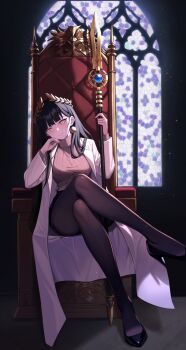 1girl black_hair black_shoes black_skirt breasts brown_pantyhose brown_sweater coat commission crossed_legs high_heels highres holding holding_scepter large_breasts laurel_crown long_hair looking_at_viewer miniskirt original pantyhose scepter shoes sitting skirt slit_pupils solo stained_glass sweater throne turtleneck turtleneck_sweater white_coat yellow_eyes ysoa26