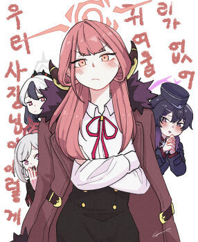 Rule 34 | 4girls, aru (blue archive), beret, blue archive, blunt bangs, collared shirt, colored tips, covering own mouth, crossed arms, expressionless, fur-trimmed jacket, fur collar, fur trim, ging (alienginggu), gradient hair, hair ornament, hairclip, halo, hand over own mouth, haruka (blue archive), hat, high-waist skirt, highres, jacket, jacket on shoulders, kayoko (blue archive), korean text, long hair, long sleeves, looking at viewer, military hat, military uniform, multicolored hair, multiple girls, mutsuki (blue archive), neck ribbon, open mouth, ore no imouto ga konna ni kawaii wake ga nai, own hands clasped, parody, parted lips, partially unbuttoned, pink eyes, problem solver 68 (blue archive), purple eyes, purple hair, red eyes, red hair, red jacket, red ribbon, red shirt, ribbon, shirt, sidelocks, signature, skirt, streaked hair, tareme, teeth, tsurime, upper teeth only, white background, white hair, white shirt, wing collar