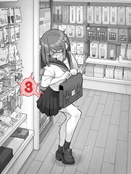 Rule 34 | 1girl, bag, blush, commentary request, flat chest, glasses, highres, holding, holding bag, implied vibrator, indoors, kakuremino7928, large variant set, medium hair, miniskirt, monochrome, open mouth, original, paid reward available, pleated skirt, pussy juice, sailor collar, sailor shirt, school uniform, semi-rimless eyewear, serafuku, shirt, shoes, short sleeves, skirt, socks, solo, standing, trembling, under-rim eyewear, variant set
