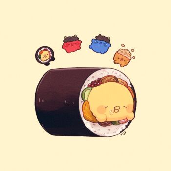 closed_eyes closed_mouth commentary_request food food_on_face in_food kimipiyo_(tenmiyakiyo) no_humans original rice simple_background sushi tenmiyakiyo yellow_background