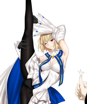 Rule 34 | 1girl, absurdres, arcueid brunestud, arcueid brunestud (mooncancer), black gloves, black pantyhose, blonde hair, blue notuki, blue ribbon, blush, breasts, cleavage, commentary request, detached sleeves, fate/grand order, fate (series), gloves, gold trim, grabbing own leg, highres, large breasts, one eye closed, panties visible through clothes, pantyhose, ribbon, short hair, spread legs, standing, standing on one leg, struggling, thick thighs, thighs, thumbs up, white background