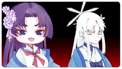 Rule 34 | 2girls, :d, animated, audible music, black background, blue archive, blue background, blue bow, blue jacket, border, bow, broly culo (meme), closed mouth, commentary request, eyeshadow, fang, flower, gradient background, grey eyes, hair flower, hair ornament, halo, haori, highres, hot milk (snail's house), jacket, japanese clothes, korean commentary, long hair, looking at another, looking at viewer, looking back, makeup, meme, multiple girls, nagusa (blue archive), neckerchief, open mouth, parted bangs, pink eyeshadow, pink flower, purple eyes, purple hair, purple halo, red background, red neckerchief, sailor collar, skin fang, smile, sound, thick eyebrows, tobeymaru, turning around, upper body, video, white background, white border, white hair, white sailor collar, yukari (blue archive), zooming in