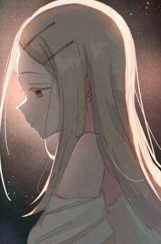 1girl backlighting blonde_hair colored_eyelashes earrings from_side gakuen_idolmaster hair_ornament hairclip highres idolmaster iroha_822 jewelry light_particles long_hair looking_down off_shoulder orange_eyes parallel_hairclips parted_bangs parted_lips profile shinosawa_hiro shirt solo stud_earrings upper_body white_shirt