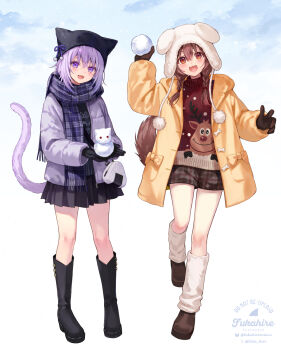 Rule 34 | 2girls, :d, animal ears, animal hat, black boots, black gloves, black skirt, boots, braid, breath, brown eyes, brown hair, brown shorts, cat ears, cat girl, cat tail, chullo, commentary, dog ears, dog girl, dog hat, dog tail, double-parted bangs, fangs, fukahire (ruinon), full body, gloves, grey jacket, hair between eyes, hair over shoulder, hat, highres, holding, holding snowball, holding snowman, hololive, hood, hooded jacket, inugami korone, jacket, long hair, looking at viewer, low twin braids, miniskirt, multiple girls, nekomata okayu, open mouth, plaid clothes, plaid scarf, plaid shorts, pleated skirt, purple eyes, purple hair, red sweater, scarf, short hair, short shorts, shorts, skirt, smile, snow, snowball, sweater, symbol-only commentary, tail, thigh boots, turtleneck, turtleneck sweater, twin braids, virtual youtuber, white hat, winter, yellow jacket