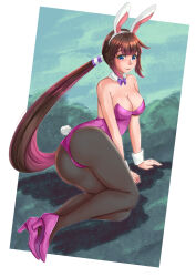Rule 34 | 1girl, animal ears, blue eyes, bow, bowtie, brown hair, commentary, commission, creatures (company), detached collar, english commentary, fake animal ears, fake tail, game freak, hair ornament, heroine (pokemon conquest), high heels, highres, leotard, nintendo, pantyhose, playboy bunny, pokemon, pokemon conquest, purple bow, purple bowtie, purple footwear, rabbit ears, rabbit tail, rinku bny, solo, tail, wrist cuffs