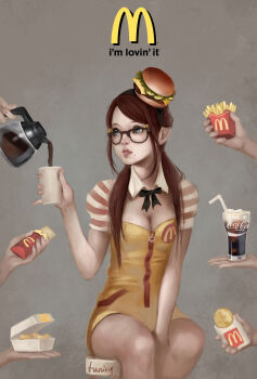 1girl blue_eyes bobo1983 breasts brown_hair burger cleavage coca-cola coffee coffee_pot cup drink drinking_straw female_focus food food_on_head french_fries glasses hairband hash_browns highres lips mcdonald's medium_breasts mole mole_under_mouth object_on_head pouring product_placement sitting soda solo twintails