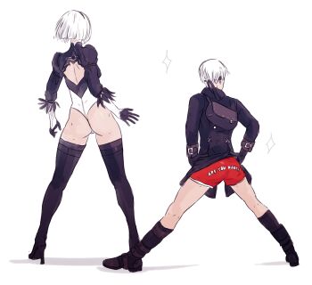 1boy 1girl 2b_(nier:automata) 9s_(nier:automata) absurdres ass back_cutout black_boots black_gloves black_hairband black_jacket black_leotard black_thighhighs blindfold boots breasts clothing_cutout facing_away feather_trim full_body gloves hairband hands_on_own_hips high_heel_boots high_heels highres hollycircling jacket juliet_sleeves leotard long_sleeves male_underwear medium_breasts nier:automata nier_(series) puffy_sleeves red_male_underwear short_hair sparkle thigh_boots thighhighs underwear white_background white_hair