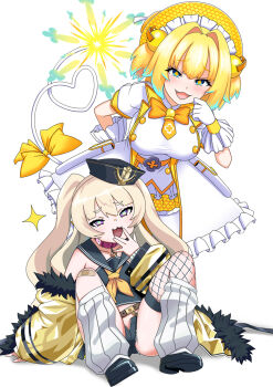 Rule 34 | 2girls, :3, :d, azur lane, bache (azur lane), beret, black sailor collar, black shirt, black shorts, blonde hair, blue eyes, blue hair, bombergirl, breasts, commentary request, crossover, fishnet thighhighs, fishnets, gloves, hat, heart, heart tail, highres, large breasts, looking at viewer, medium hair, mesugaki, multicolored hair, multiple girls, open fly, open mouth, pine (bombergirl), sailor collar, shirt, shorts, small breasts, smile, smug, tail, thighhighs, tsubaki (tsubakiyasan), two-tone hair, white background, white gloves, white thighhighs