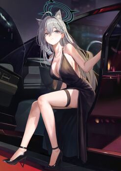 1girl absurdres ahoge alternate_costume animal_ear_fluff animal_ears bare_shoulders black_dress black_halo black_shoes blue_archive blue_eyes breasts broken_halo car closed_mouth cross cross_hair_ornament crossed_bangs double-parted_bangs dress earrings expressionless extra_ears full_body grey_hair hair_between_eyes hair_ornament hallo_(rltkdydrltk) halo high_heels highres inverted_cross jewelry large_breasts long_hair looking_at_viewer mismatched_pupils motor_vehicle necklace night outdoors patent_heels plunging_neckline pumps shiroko_terror_(blue_archive) shoes side_slit sideboob sitting solo split_mouth stiletto_heels strappy_heels stud_earrings thigh_strap very_long_hair wolf_ears