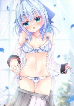 1girl aqua_eyes black_ribbon blue_bow blue_bra blue_hair blurry blurry_background blush bow bow_bra bra breasts breasts_apart center_frills clothes_pull collarbone commentary cowboy_shot curtains day eyelashes eyes_visible_through_hair fingernails frilled_shirt frills green_eyes grey_skirt hair_between_eyes hair_intakes hair_ribbon hamidashi_creative head_tilt heart heart-shaped_pupils highres holding holding_string indoors lace lace-trimmed_bra lace_trim long_sleeves looking_at_viewer medium_hair miniskirt navel nekota_min nishiki_asumi open_clothes open_mouth open_shirt panties pleated_skirt raised_eyebrows ribbon school_uniform shiny_skin shirt side-tie_panties skirt skirt_pull small_breasts solo sparkle stomach string sweat symbol-shaped_pupils thigh_gap thighs underwear undressing white_panties white_shirt window