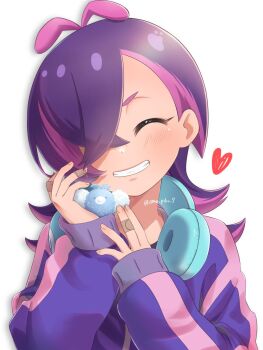 1girl amedamaneko blush closed_eyes commentary_request dot_(pokemon) hair_over_one_eye headphones headphones_around_neck heart highres holding jacket long_hair long_sleeves multicolored_hair nintendo open_mouth pink_hair pokemon pokemon_(anime) pokemon_horizons purple_hair shirt simple_background smile stuffed_toy upper_body white_background