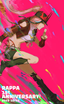 1girl absurdres anniversary asymmetrical_sleeves baseball_cap belt black_hat black_leg_warmers black_nails black_shoes black_shorts breasts commentary_request crop_top cropped_jacket dated fishnet_top fishnets green_eyes grin hair_through_headwear hat highres honkai:_star_rail honkai_(series) horned_hat jacket kuji-in leg_warmers long_hair looking_at_viewer medium_breasts midriff moguta_(mogu_mogu_tafa) navel open-toe_shoes open_clothes open_jacket pink_background pink_hair ponytail profile rappa_(honkai:_star_rail) red_arm_warmers red_jacket shirt shoes short_shorts shorts sidelocks single_sleeve smile solo spray_can standing standing_on_one_leg teeth tied_shirt twitter_username uneven_sleeves very_long_hair white_belt white_shirt wrist_belt