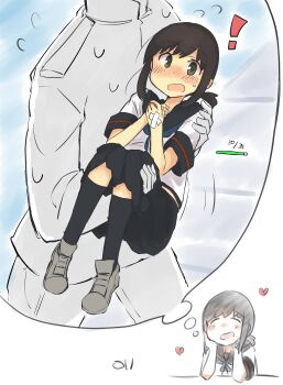 Rule 34 | !, 1boy, 1girl, absurdres, admiral (kancolle), black hair, black skirt, black socks, blush, carrying, commentary request, fubuki (kancolle), fubuki kai ni (kancolle), green eyes, heart, highres, imagining, kantai collection, kneehighs, low ponytail, ma rukan, ponytail, princess carry, school uniform, serafuku, short ponytail, short sleeves, sidelocks, skirt, socks